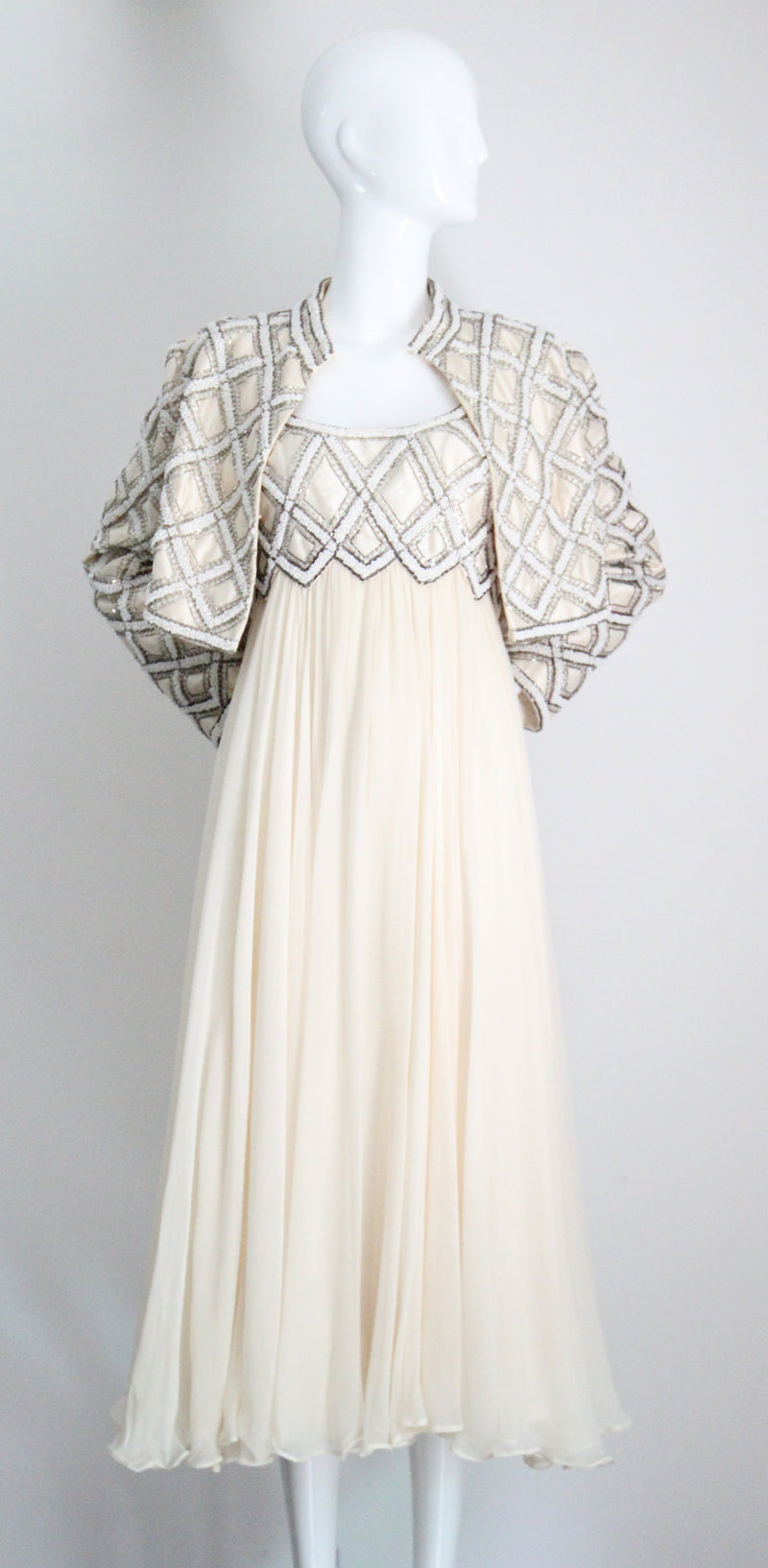"Silk Chiffon & Silver Beadwork" Vintage 1960's Silk Chiffon & Silver Beaded Dress & Jacket Ensemble UK 10 US 6