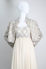"Silk Chiffon & Silver Beadwork" Vintage 1960's Silk Chiffon & Silver Beaded Dress & Jacket Ensemble UK 10 US 6