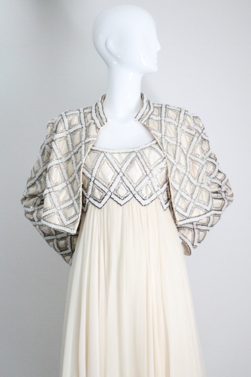 "Silk Chiffon & Silver Beadwork" Vintage 1960's Silk Chiffon & Silver Beaded Dress & Jacket Ensemble UK 10 US 6