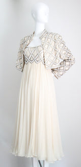 "Silk Chiffon & Silver Beadwork" Vintage 1960's Silk Chiffon & Silver Beaded Dress & Jacket Ensemble UK 10 US 6