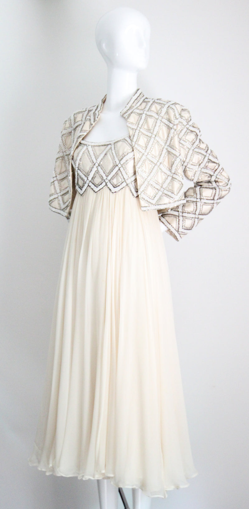 "Silk Chiffon & Silver Beadwork" Vintage 1960's Silk Chiffon & Silver Beaded Dress & Jacket Ensemble UK 10 US 6