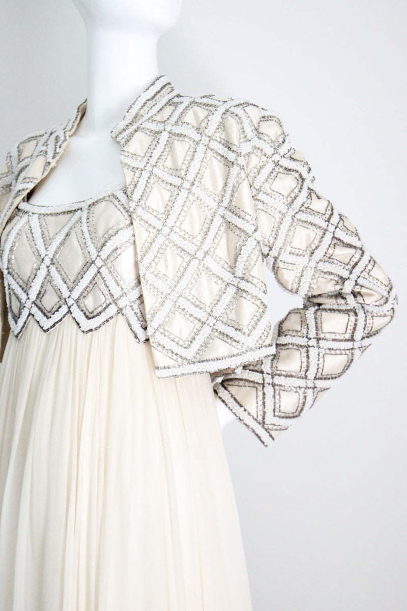 "Silk Chiffon & Silver Beadwork" Vintage 1960's Silk Chiffon & Silver Beaded Dress & Jacket Ensemble UK 10 US 6