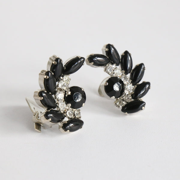 "Midnight Botanicals" Vintage 1950's Black Cabochon & Rhinestone Clip On Earrings