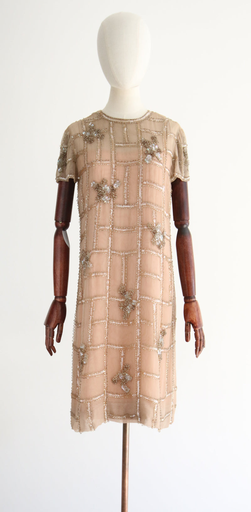 "Shades of Blush" Vintage 1960's Malcolm Starr Beaded Organza & Silk Dress UK 8-10 US 4-6