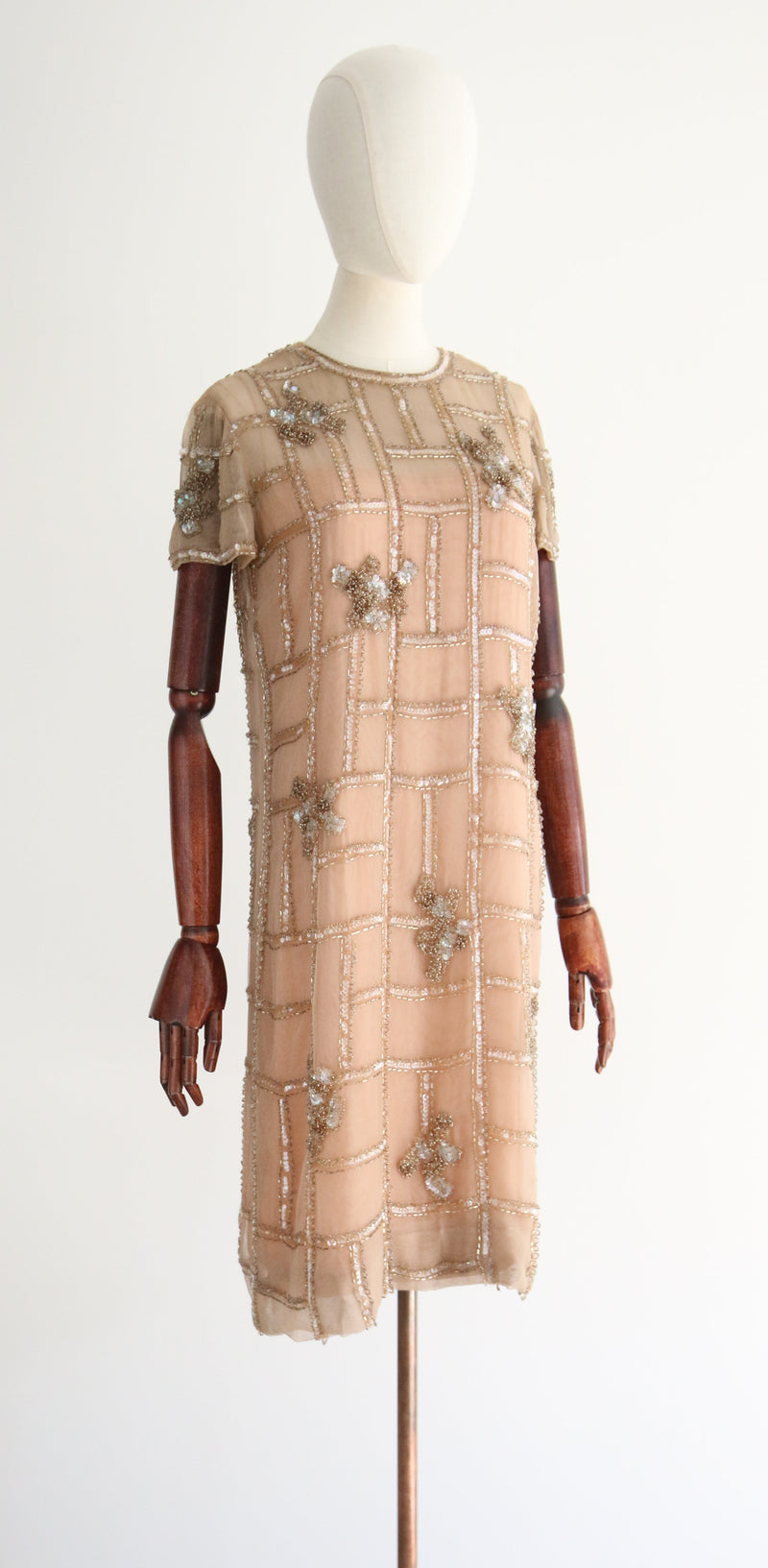 "Shades of Blush" Vintage 1960's Malcolm Starr Beaded Organza & Silk Dress UK 8-10 US 4-6
