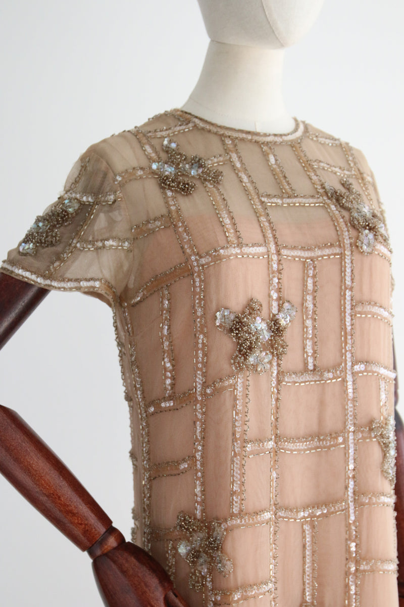"Shades of Blush" Vintage 1960's Malcolm Starr Beaded Organza & Silk Dress UK 8-10 US 4-6