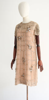 "Shades of Blush" Vintage 1960's Malcolm Starr Beaded Organza & Silk Dress UK 8-10 US 4-6