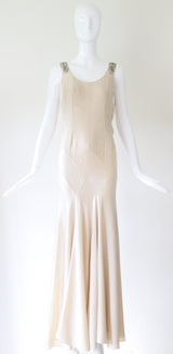 "Cream Satin & Glass Beads" Vintage 1930's Cream Satin Bead Embellished Evening Gown UK 10 US 6