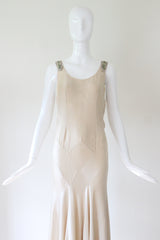 "Cream Satin & Glass Beads" Vintage 1930's Cream Satin Bead Embellished Evening Gown UK 10 US 6