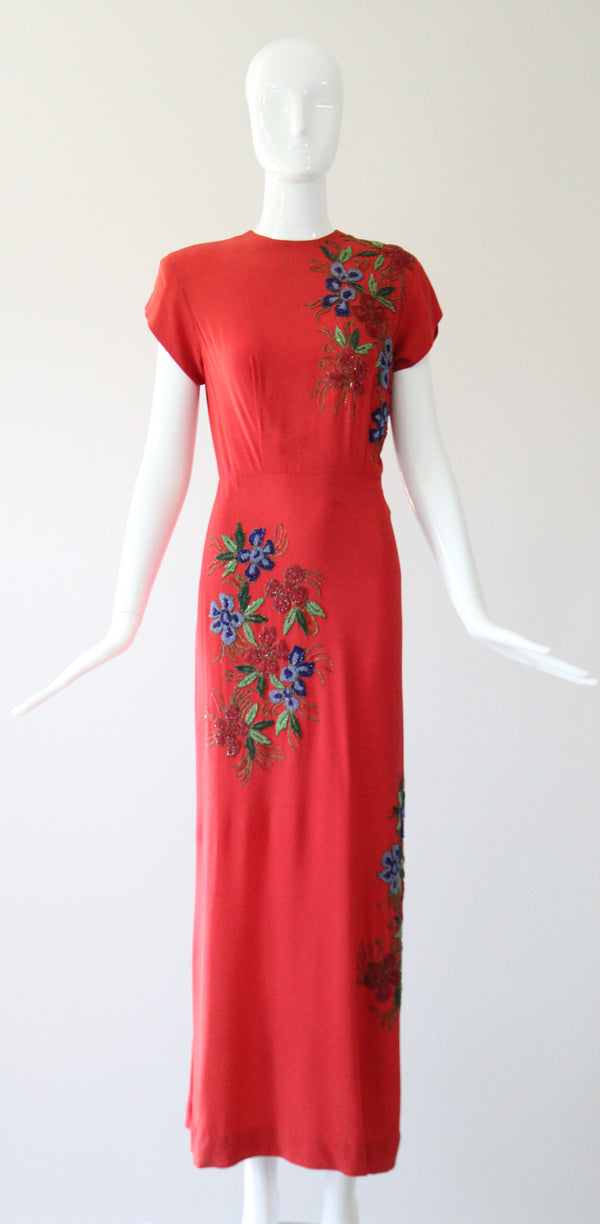 "Soutache Beadwork" Vintage 1940's Red Crepe Silk Soutache Floral Beaded Gown UK 10 US 6