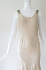 "Cream Satin & Glass Beads" Vintage 1930's Cream Satin Bead Embellished Evening Gown UK 10 US 6