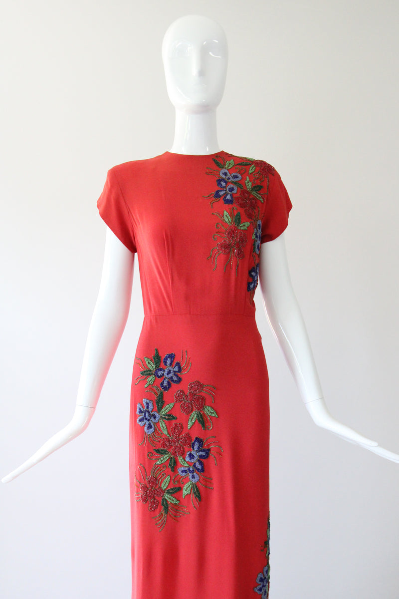 "Soutache Beadwork" Vintage 1940's Red Crepe Silk Soutache Floral Beaded Gown UK 10 US 6