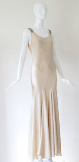 "Cream Satin & Glass Beads" Vintage 1930's Cream Satin Bead Embellished Evening Gown UK 10 US 6