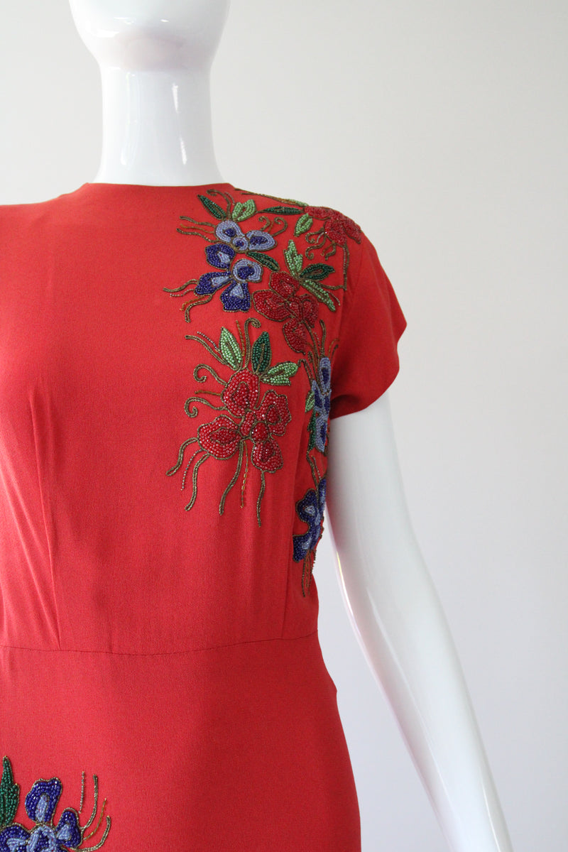 "Soutache Beadwork" Vintage 1940's Red Crepe Silk Soutache Floral Beaded Gown UK 10 US 6