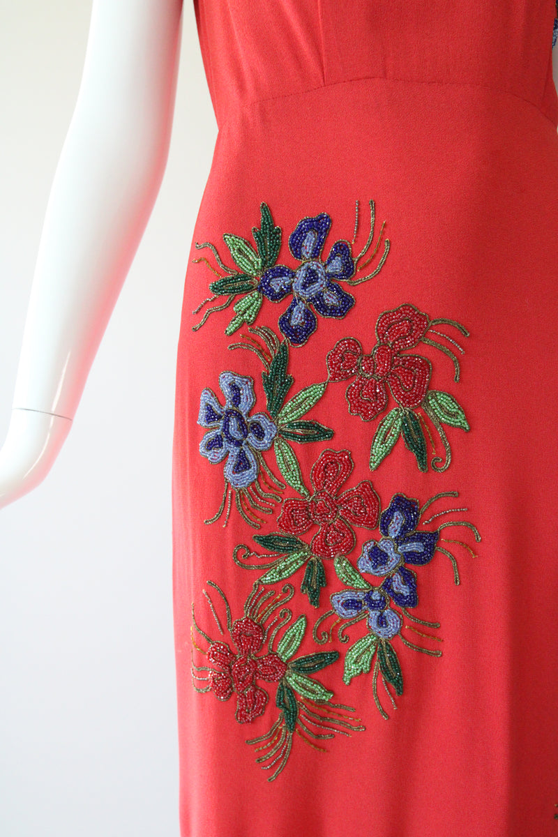 "Soutache Beadwork" Vintage 1940's Red Crepe Silk Soutache Floral Beaded Gown UK 10 US 6