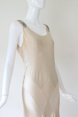 "Cream Satin & Glass Beads" Vintage 1930's Cream Satin Bead Embellished Evening Gown UK 10 US 6
