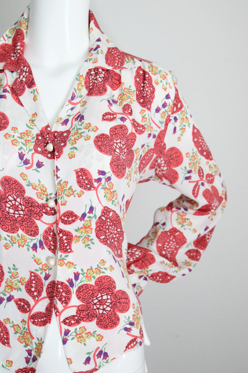 "Coral Florals" Vintage 1940's Floral Rayon Blouse UK 12-14 US 8-10