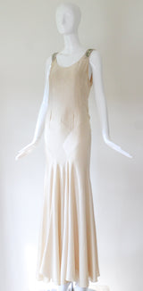 "Cream Satin & Glass Beads" Vintage 1930's Cream Satin Bead Embellished Evening Gown UK 10 US 6