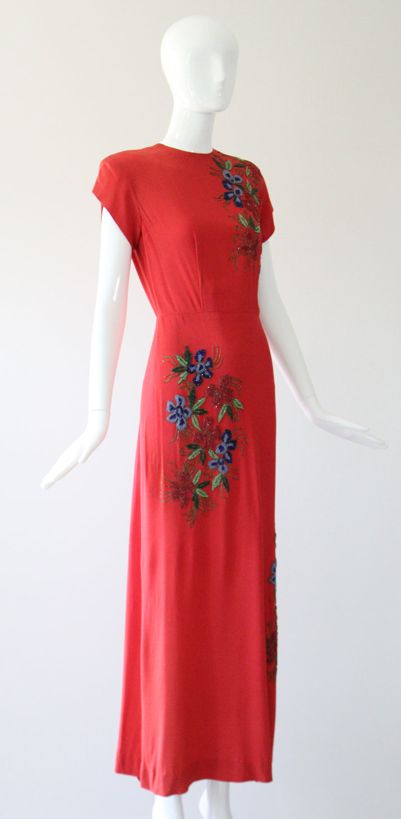 "Soutache Beadwork" Vintage 1940's Red Crepe Silk Soutache Floral Beaded Gown UK 10 US 6