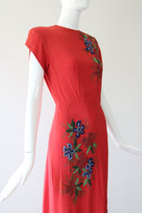 "Soutache Beadwork" Vintage 1940's Red Crepe Silk Soutache Floral Beaded Gown UK 10 US 6