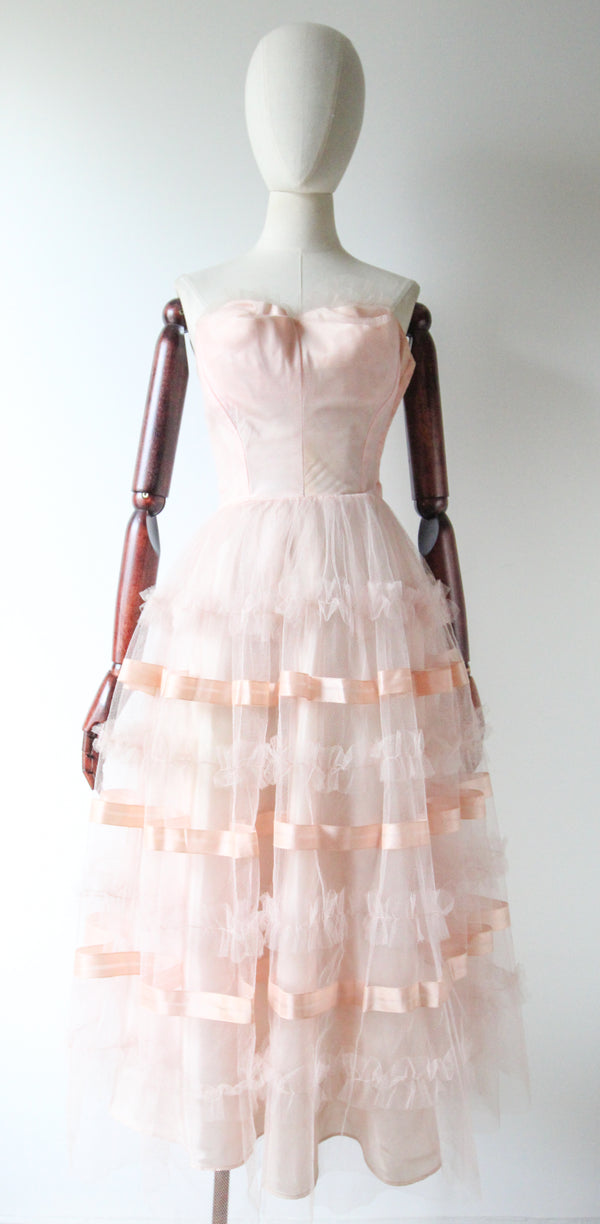 "Pink Ribbon & Tulle" Vintage 1950's Ballerina Pink Tulle & Ribbon Detail Dress UK 6 US 2