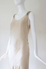 "Cream Satin & Glass Beads" Vintage 1930's Cream Satin Bead Embellished Evening Gown UK 10 US 6