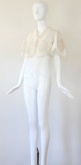 "Embroidered & Scalloped" Antique Victorian Cotton & Lace Embroidered Jacket UK 8 US 4