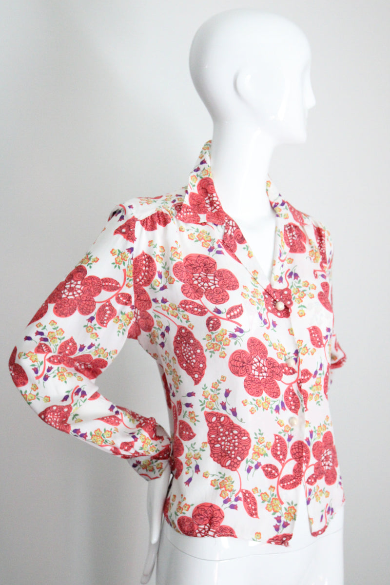 "Coral Florals" Vintage 1940's Floral Rayon Blouse UK 12-14 US 8-10
