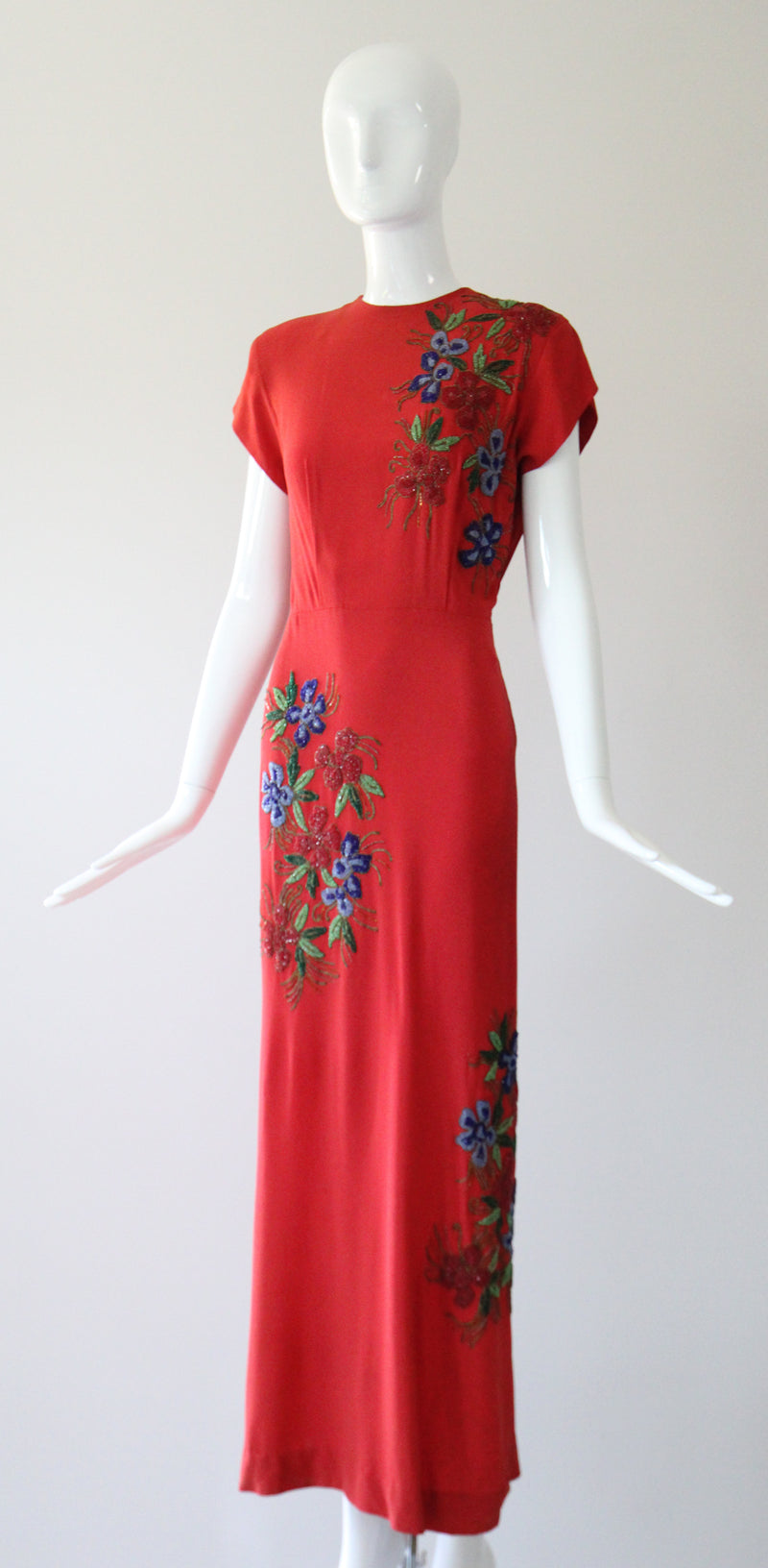 "Soutache Beadwork" Vintage 1940's Red Crepe Silk Soutache Floral Beaded Gown UK 10 US 6