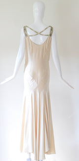 "Cream Satin & Glass Beads" Vintage 1930's Cream Satin Bead Embellished Evening Gown UK 10 US 6