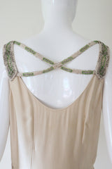 "Cream Satin & Glass Beads" Vintage 1930's Cream Satin Bead Embellished Evening Gown UK 10 US 6