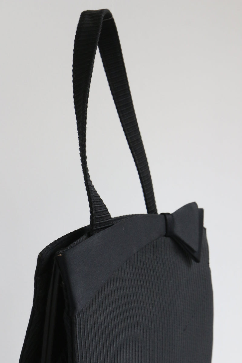 "Black Satin Bow" Vintage 1950's Black Satin Handbag