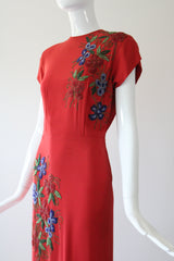 "Soutache Beadwork" Vintage 1940's Red Crepe Silk Soutache Floral Beaded Gown UK 10 US 6