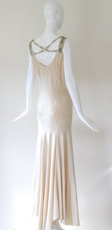 "Cream Satin & Glass Beads" Vintage 1930's Cream Satin Bead Embellished Evening Gown UK 10 US 6