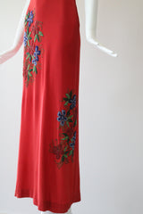 "Soutache Beadwork" Vintage 1940's Red Crepe Silk Soutache Floral Beaded Gown UK 10 US 6