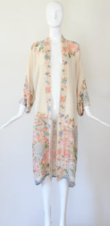 "Muted Florals" Vintage 1920's Pongee Silk Floral Robe UK 8-14 US 4-10