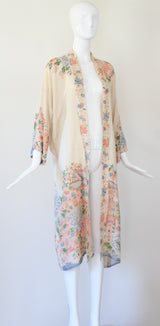"Muted Florals" Vintage 1920's Pongee Silk Floral Robe UK 8-14 US 4-10