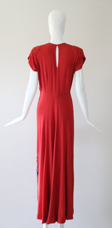 "Soutache Beadwork" Vintage 1940's Red Crepe Silk Soutache Floral Beaded Gown UK 10 US 6