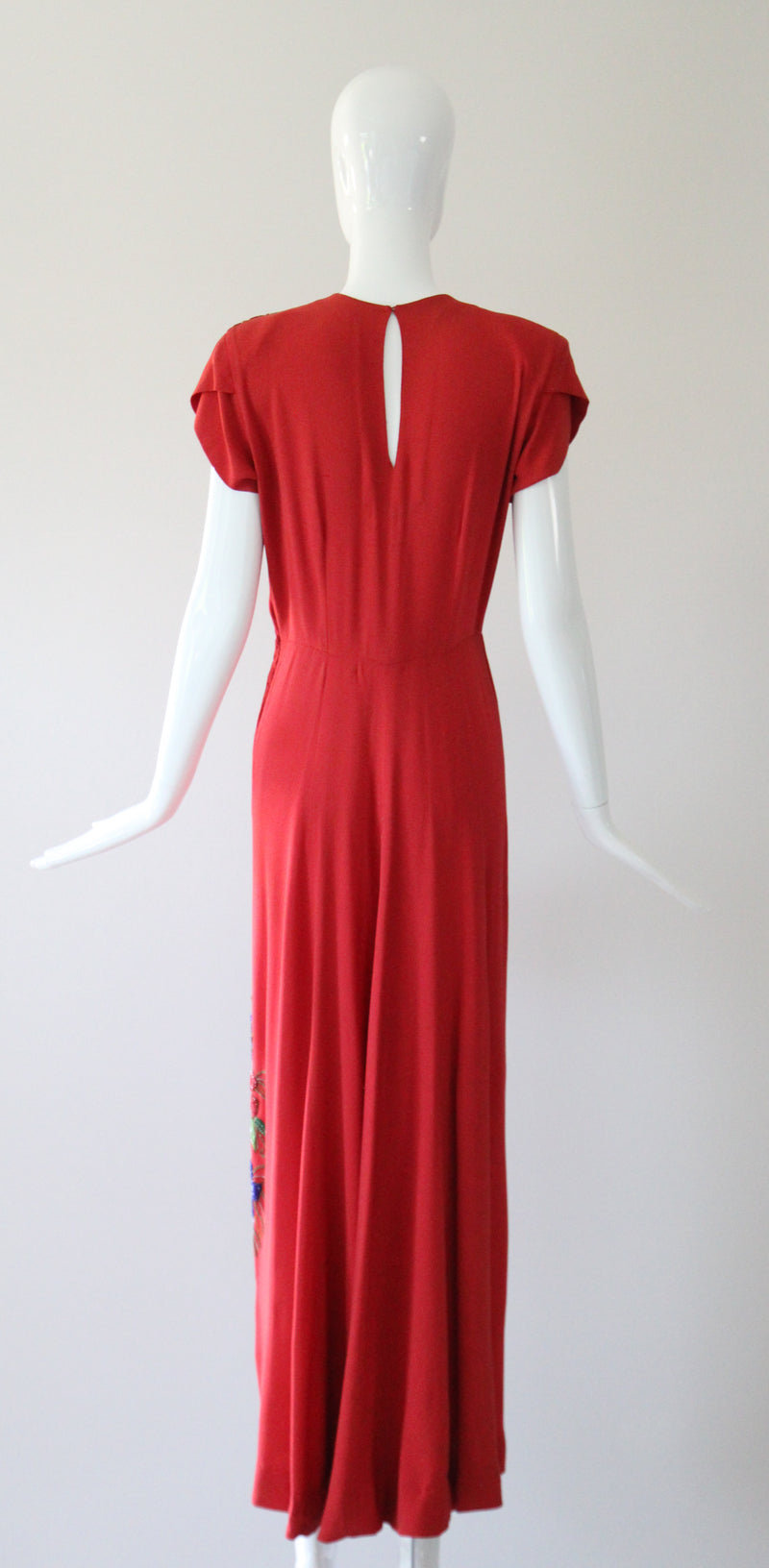 "Soutache Beadwork" Vintage 1940's Red Crepe Silk Soutache Floral Beaded Gown UK 10 US 6