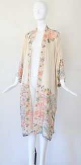 "Muted Florals" Vintage 1920's Pongee Silk Floral Robe UK 8-14 US 4-10