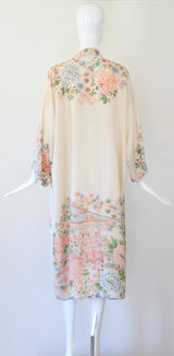 "Muted Florals" Vintage 1920's Pongee Silk Floral Robe UK 8-14 US 4-10