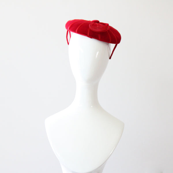 "Ruby Velvet & Plume" Vintage 1950's Ruby Red Velvet & Plume Percher Hat