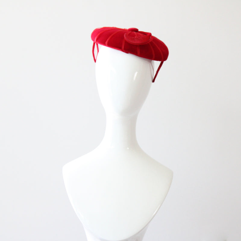"Ruby Velvet & Plume" Vintage 1950's Ruby Red Velvet & Plume Percher Hat