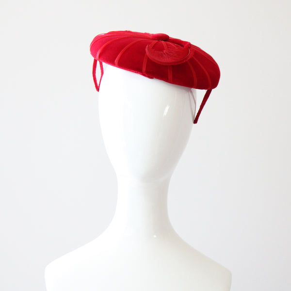 "Ruby Velvet & Plume" Vintage 1950's Ruby Red Velvet & Plume Percher Hat