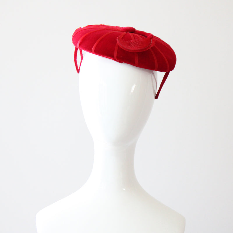"Ruby Velvet & Plume" Vintage 1950's Ruby Red Velvet & Plume Percher Hat