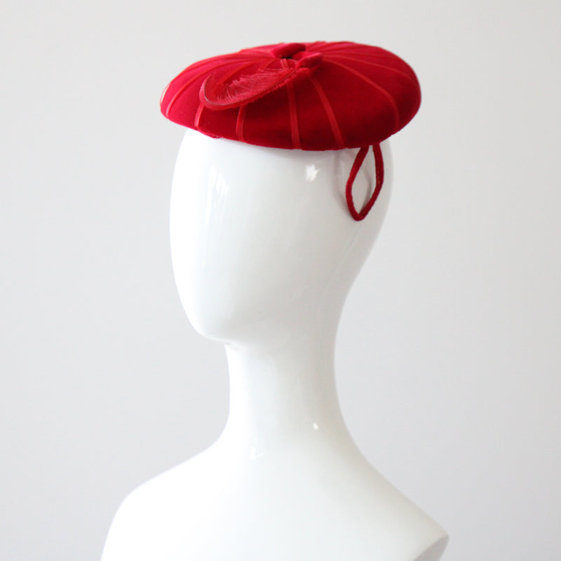 "Ruby Velvet & Plume" Vintage 1950's Ruby Red Velvet & Plume Percher Hat