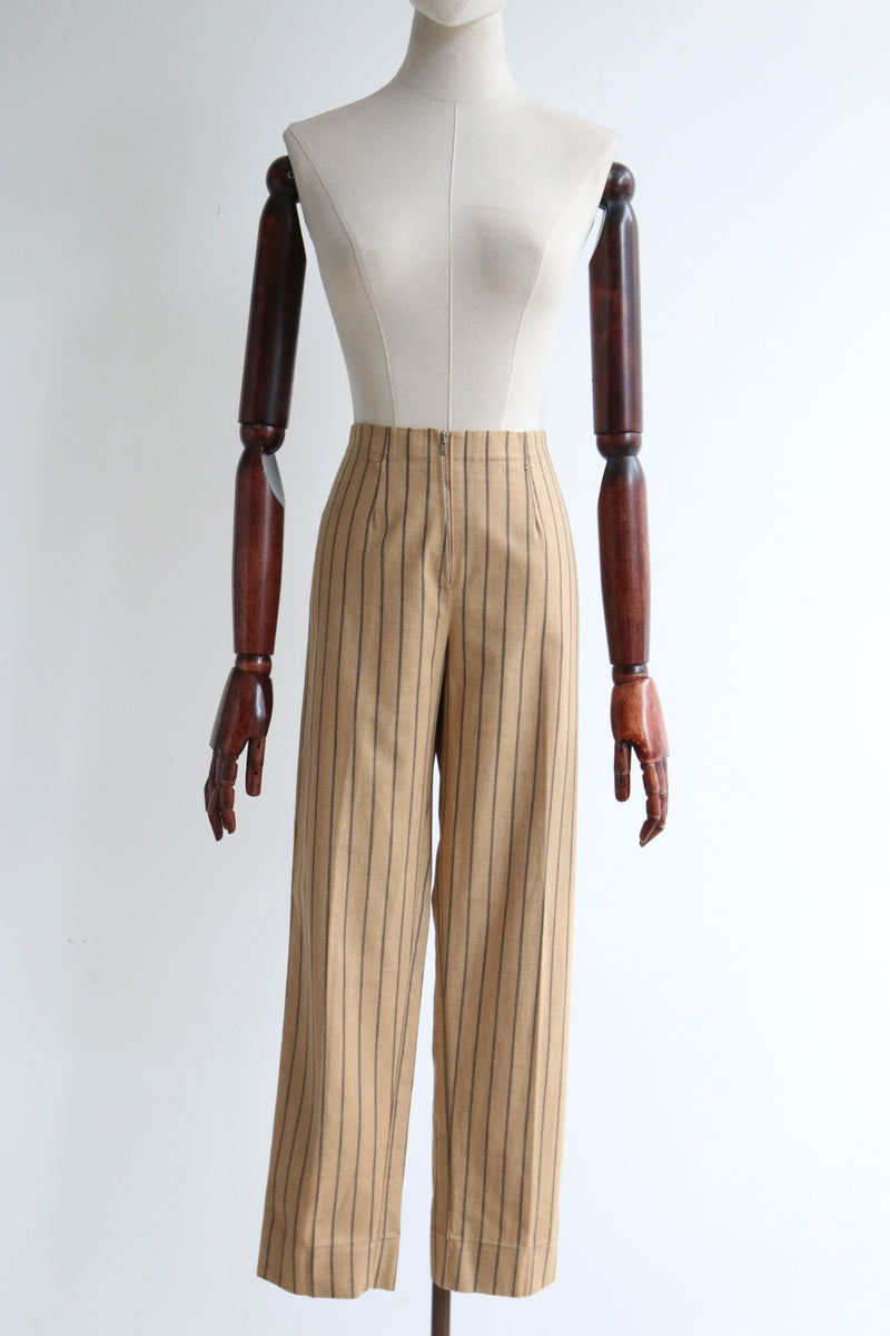 "Tan Pinstripe" Vintage 1960's Tan Coloured Pinstripe Trousers UK 10-12 US 6-8