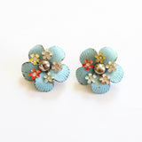 "Enamel Florals" Vintage 1940's Enamel Flower & Rhinestone Clip on Earrings