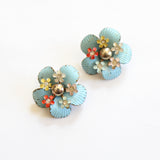 "Enamel Florals" Vintage 1940's Enamel Flower & Rhinestone Clip on Earrings