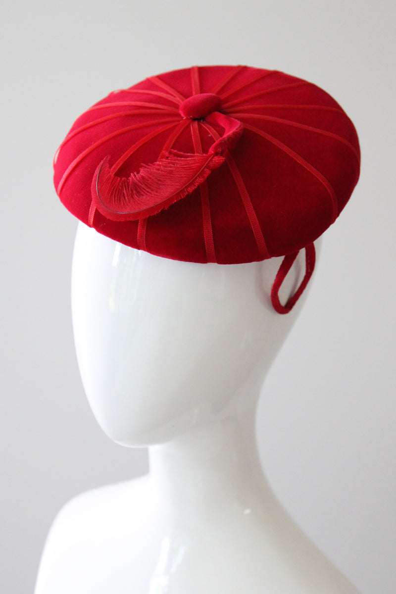"Ruby Velvet & Plume" Vintage 1950's Ruby Red Velvet & Plume Percher Hat
